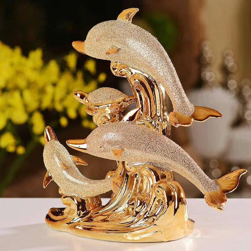 Decoração de Mesa de Luxo Cerâmica Estátua de Golfinhos