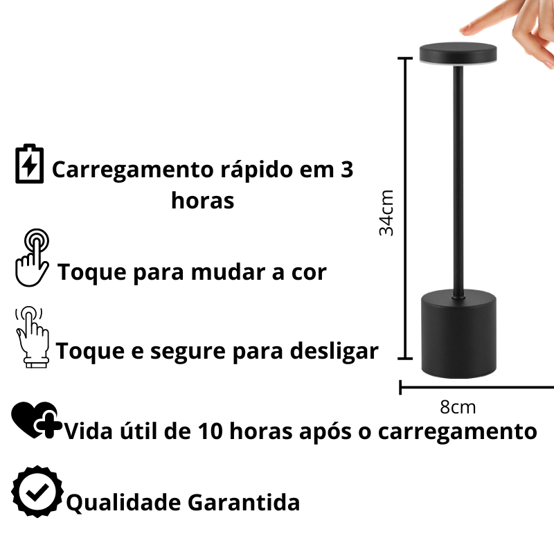 Luminária de Mesa LED Sem Fio Touch Recarregável